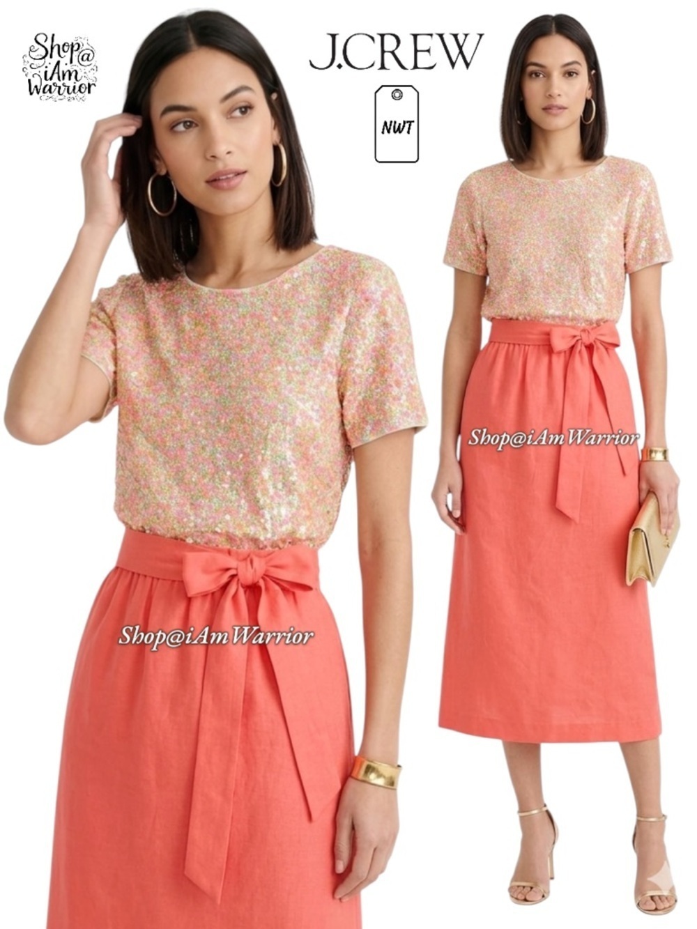 J.Crew NWT tie waist guava coral cotton/silk faille midi skirt @shop@iamwarrior